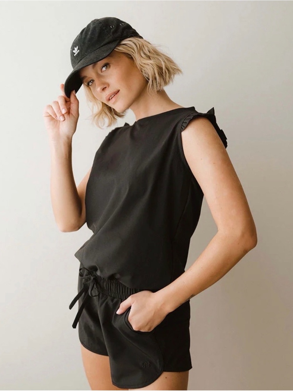 Albion Black Ruffle Sleeve One-Piece Romper with Drawstring Waist